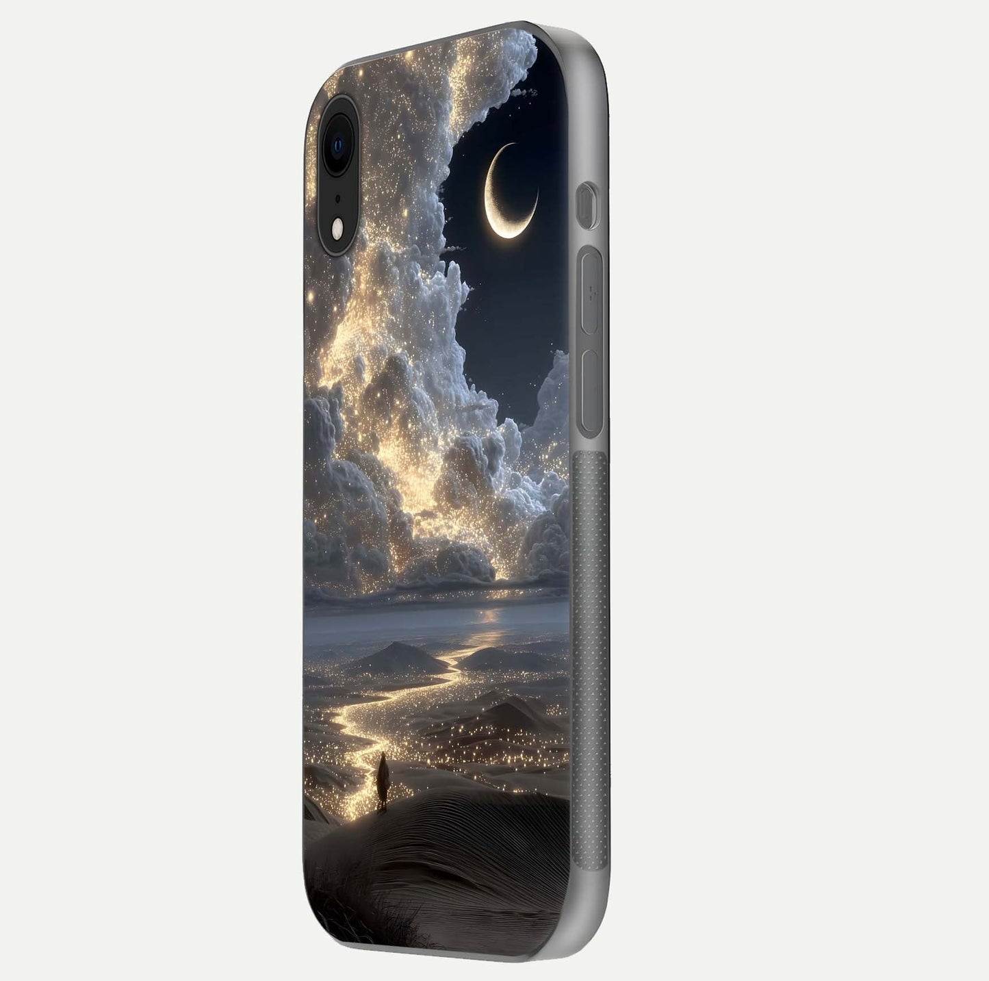 Moonlight Spark Path Glass Case for iPhone Xr side-angle image showing reflection and moonlit detail
