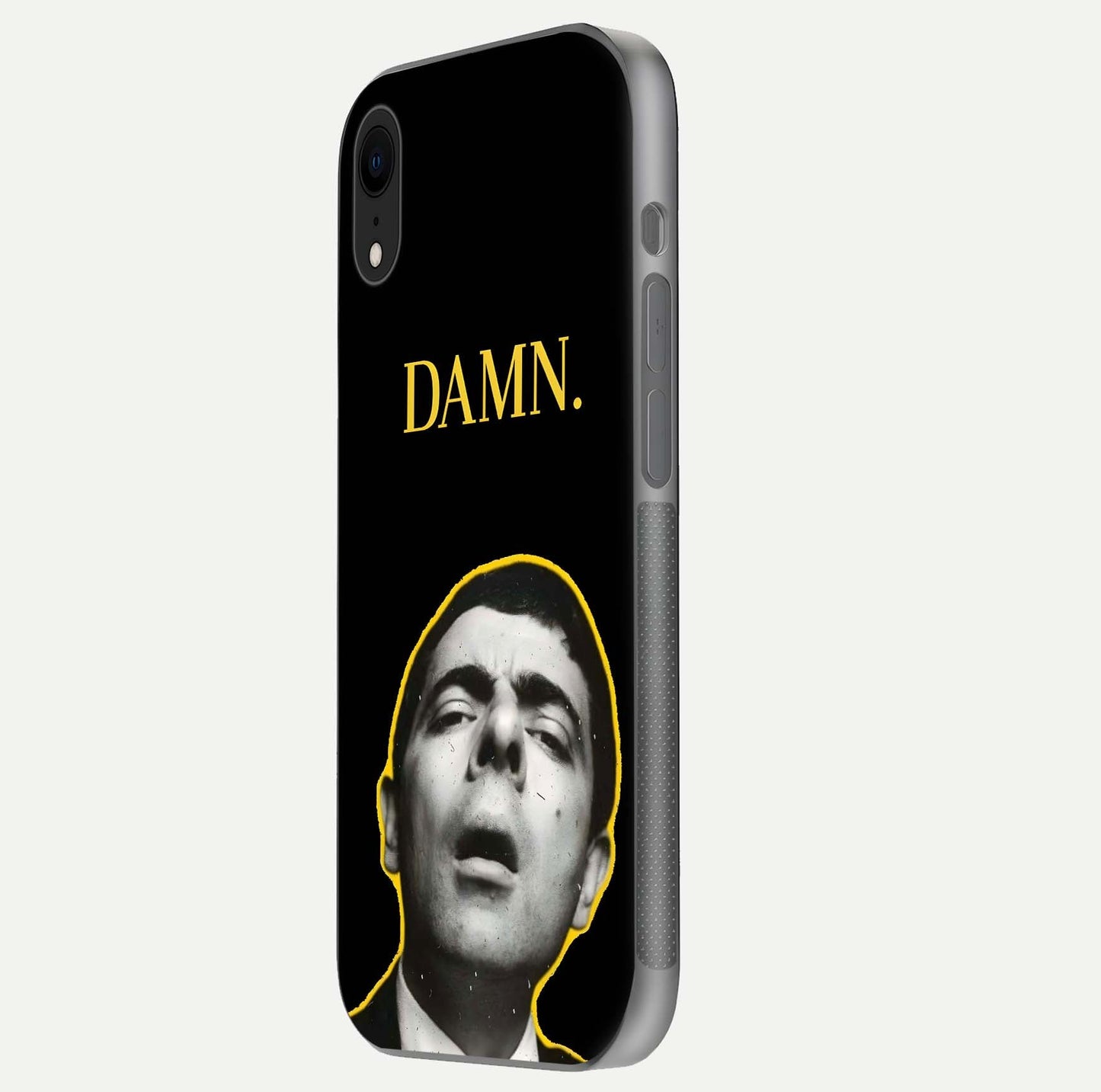 Mr Bean Damn Glass Case for iPhone Xr side-angle image emphasizing HD print clarity and playful theme