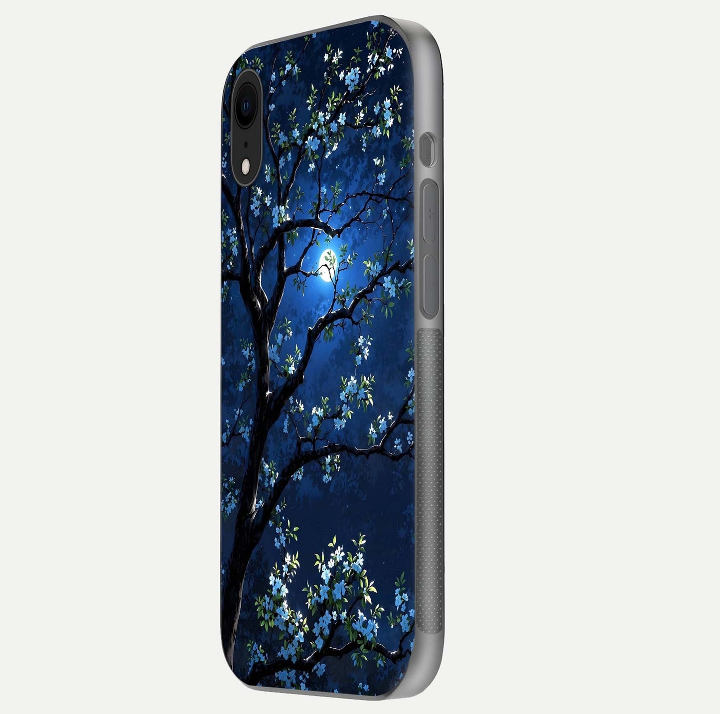 Mystic Floral Night Glass Case for iPhone Xr side-angle image showing gloss surface and midnight floral tones