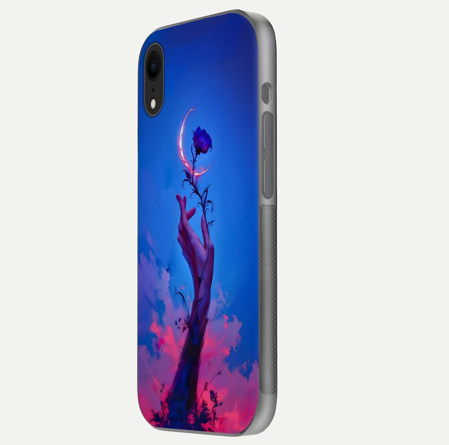 Mystic Hand Glass Case for iPhone Xr side-angle image showing reflection depth and sacred aesthetic