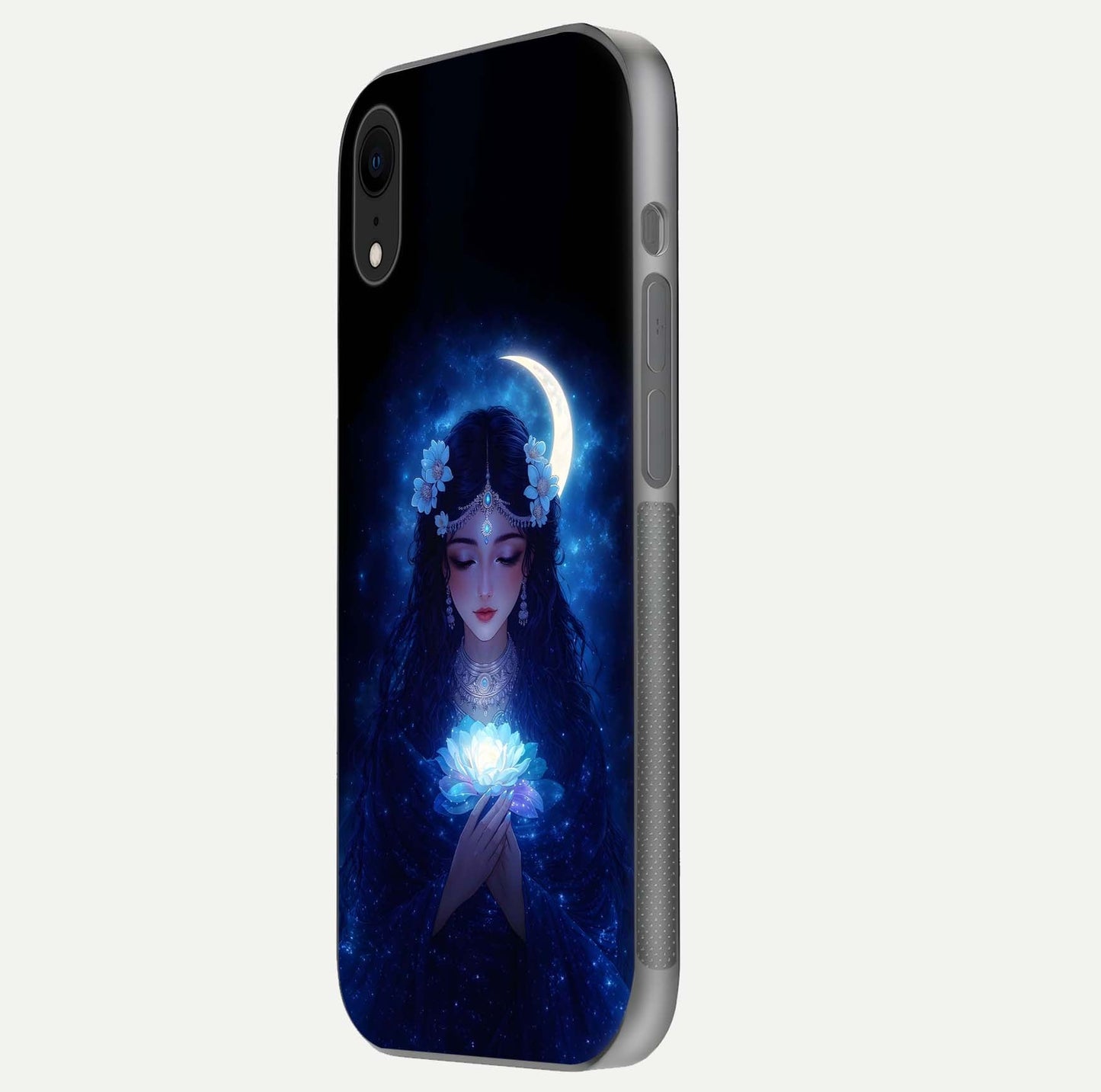 Mystic Moon Queen Glass Case for iPhone Xr side-angle image showing reflection and celestial details