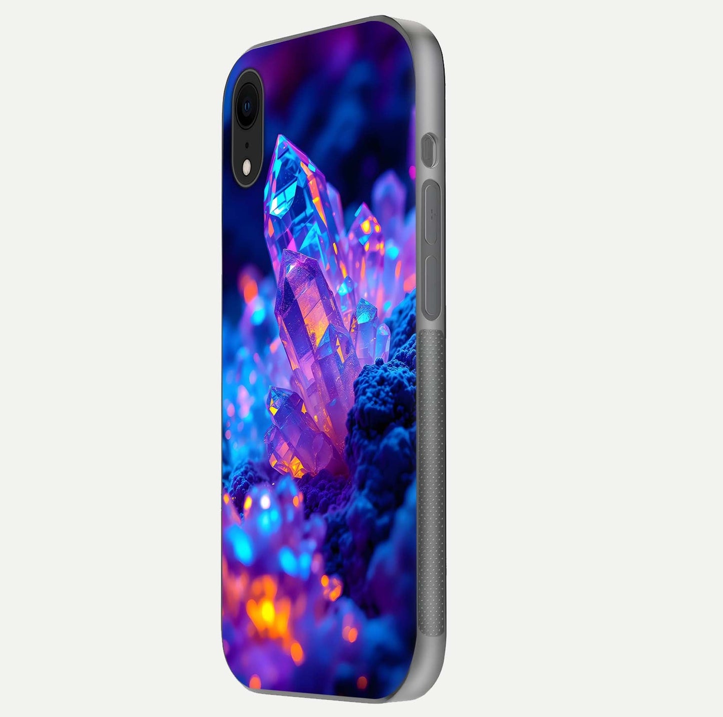 Neon Aura Shards Glass Case for iPhone Xr side-angle image showing light depth and glossy contrast
