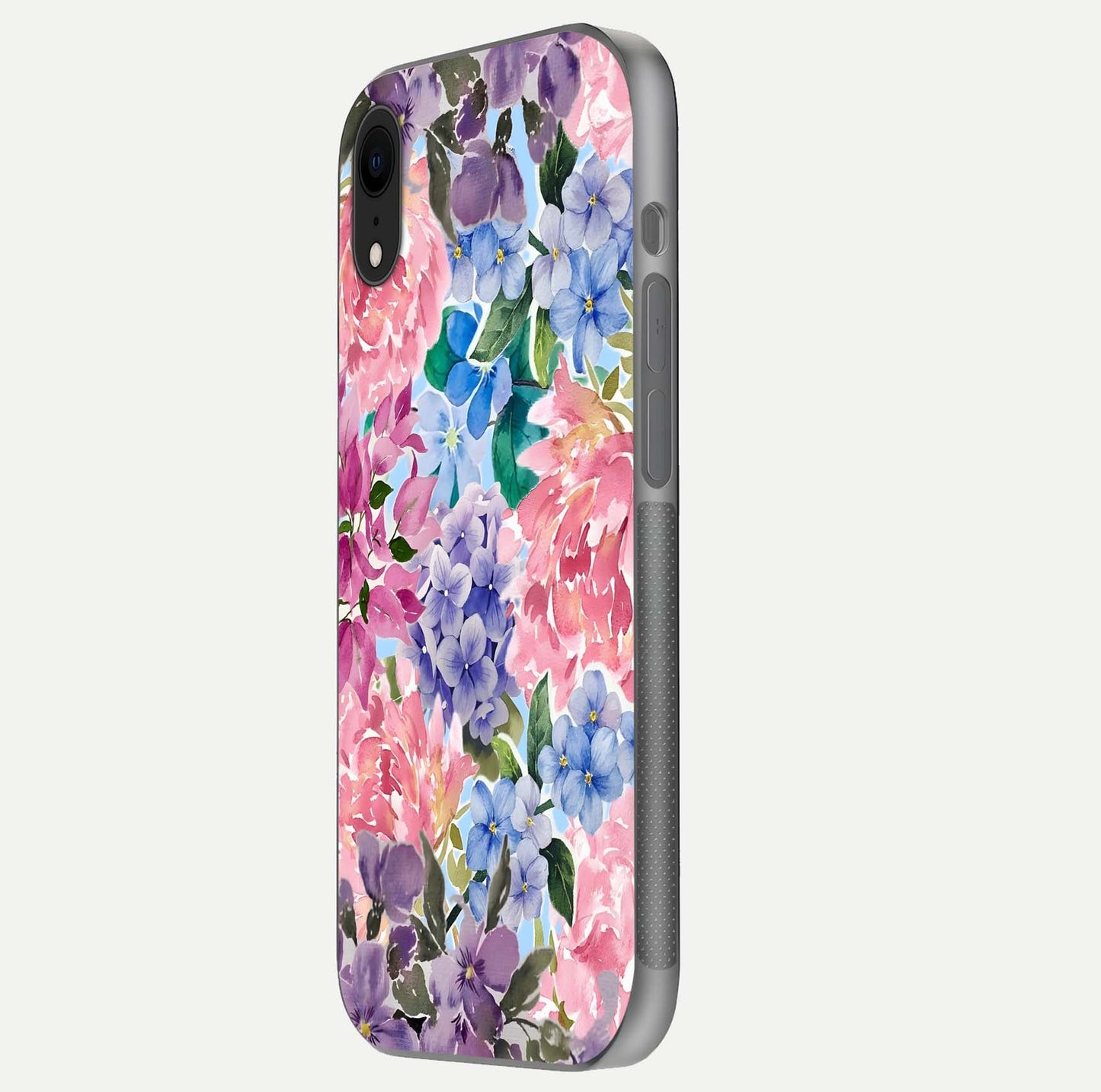 Pastel Floral Mix Glass Case for iPhone Xr side-angle image showing reflection and delicate pastel hues