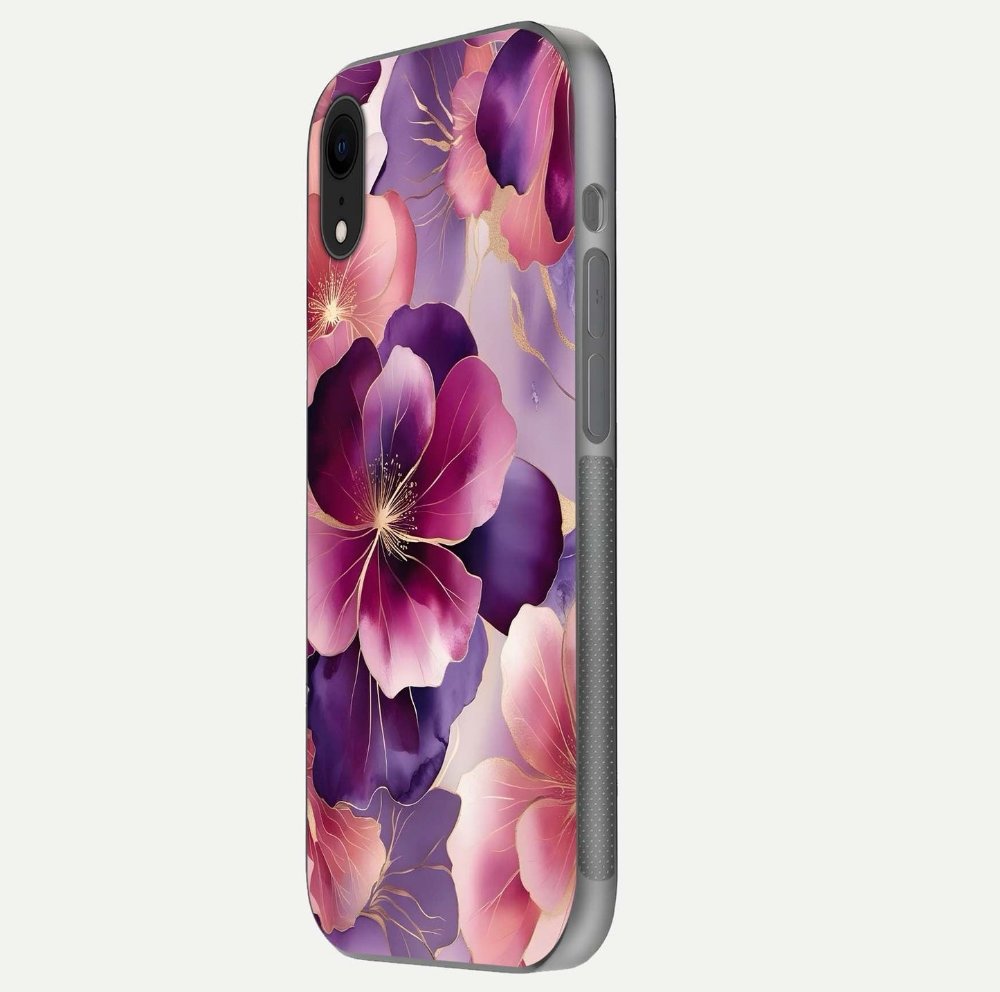 Pink Bouquet Florals Glass Case for iPhone Xr side-angle image showing floral texture and reflection clarity