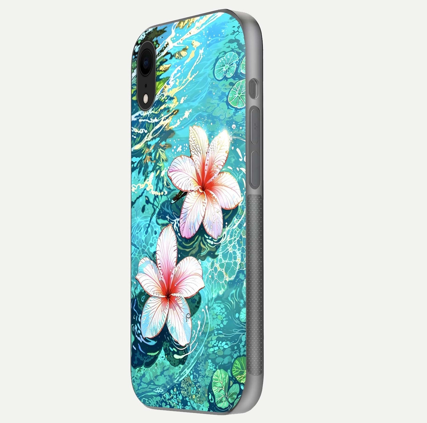 Pink Flowers in Water Glass Case for iPhone Xr side-angle image showing reflection and depth of detail