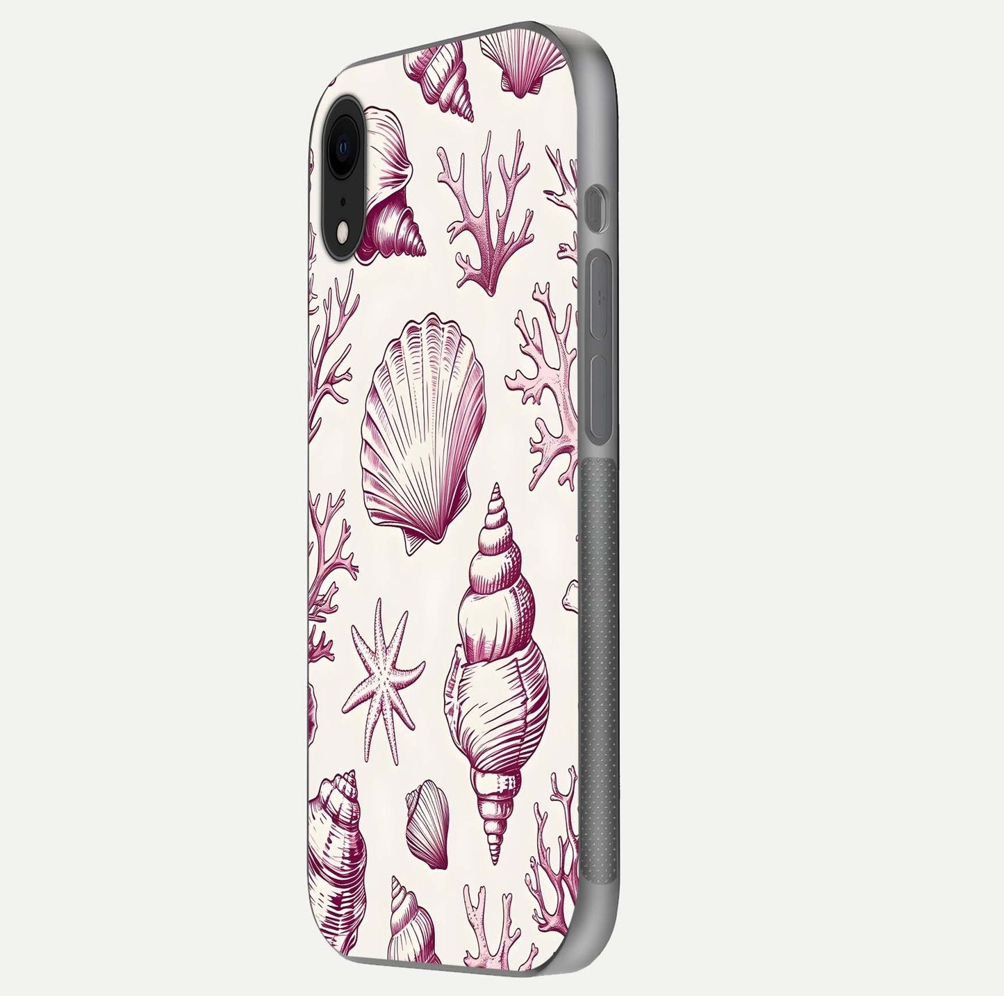 Pink Shells Outline Glass Case for iPhone Xr side-angle image showing shine and intricate outline texture