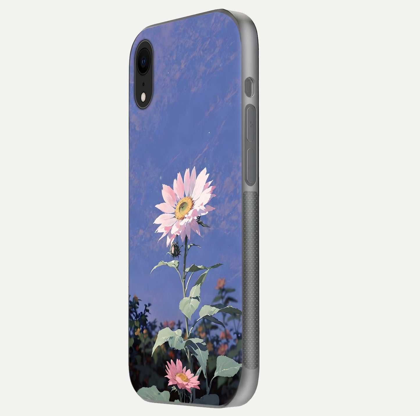 Pink Sunflower Glow Glass Case for iPhone Xr side-angle image showing glossy edges and vivid sunflower tones