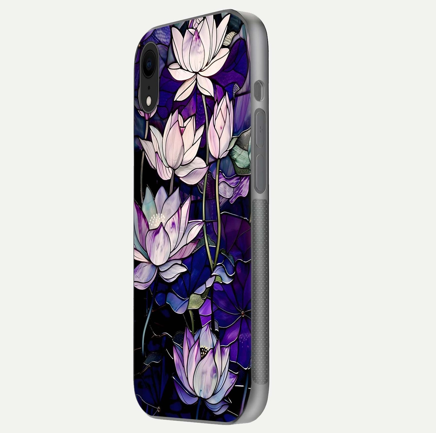Purple Lotus Pattern Glass Case for iPhone Xr side-angle image showing reflection depth and lotus detail