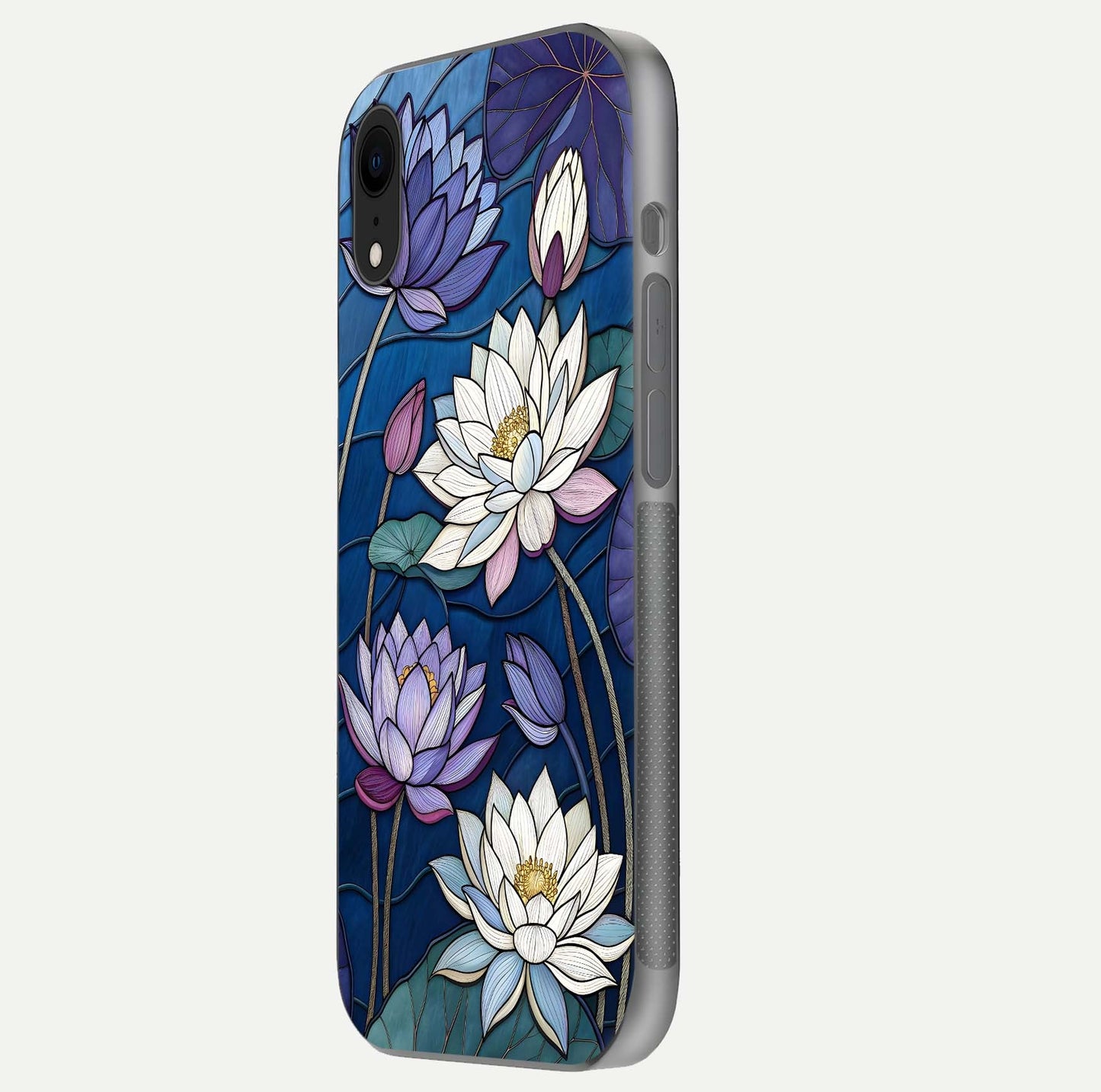 Purple Lotus Stained Glass Case for iPhone Xr side-angle image showing gloss, reflection, and intricate detailing