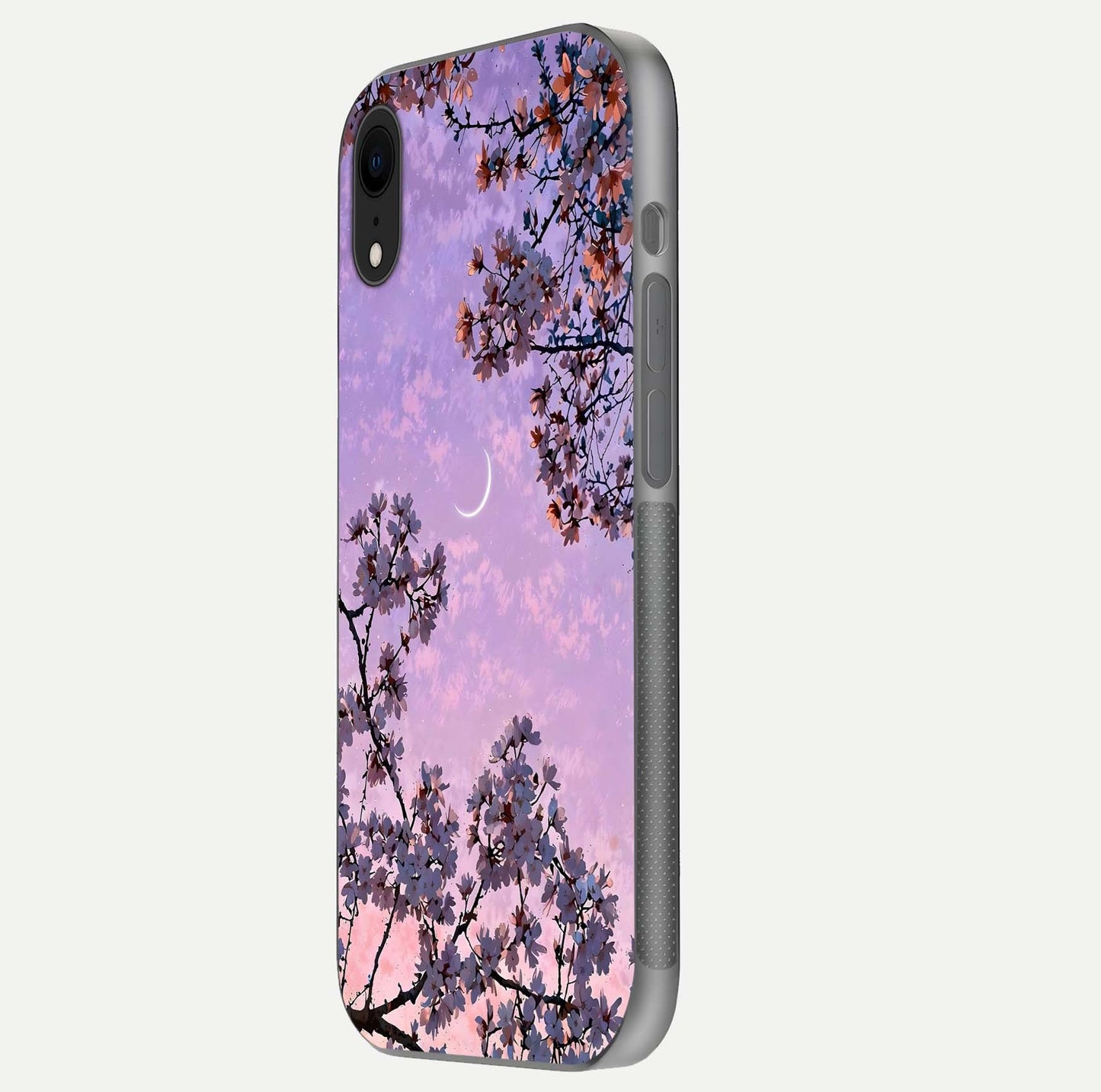 Purple Serenity Moon Glass Case for iPhone Xr side-angle image showing reflection and lunar art precision
