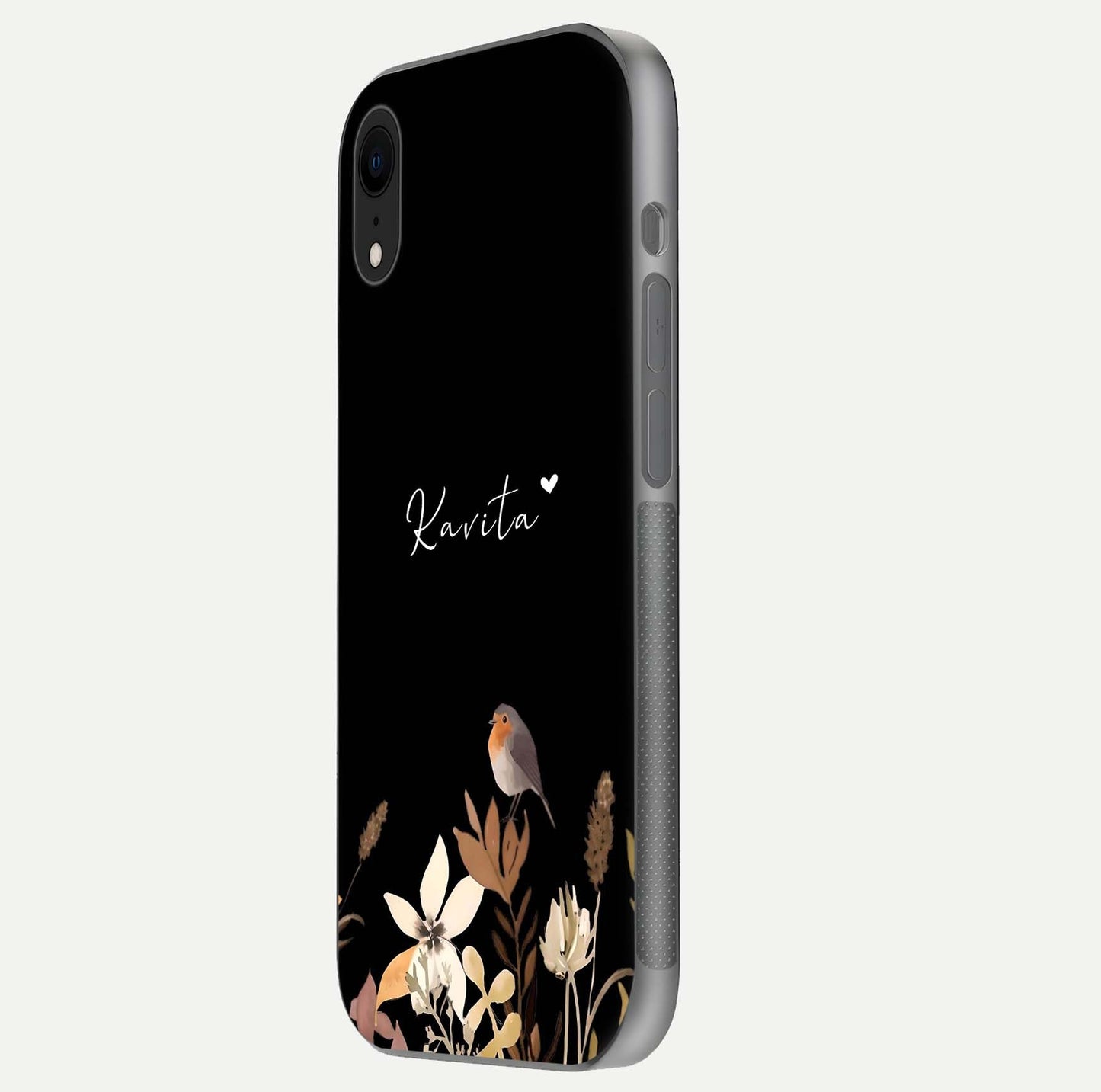 Quiet Garden Tune Custom Name Glass Case for iPhone Xr side-angle image showing reflection and floral design