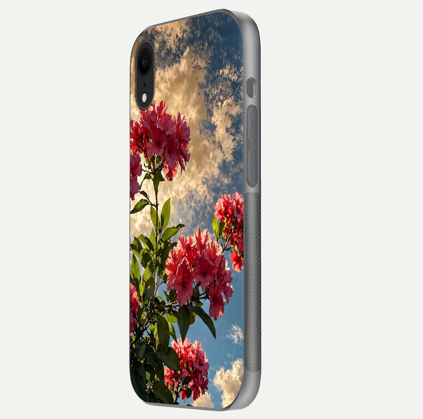 Red Bloom Skies Glass Case for iPhone Xr side-angle image showing reflection, print clarity, and tone blend