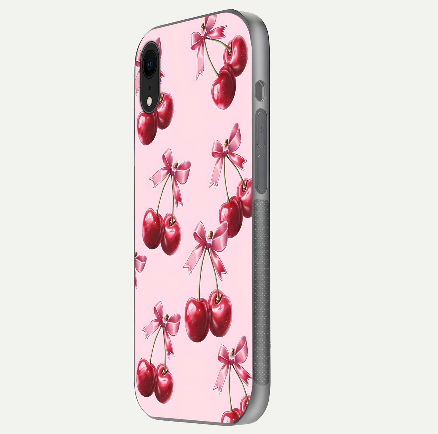 Red Cherries Pattern Glass Case for iPhone Xr side-angle image showing gloss surface and cherry details