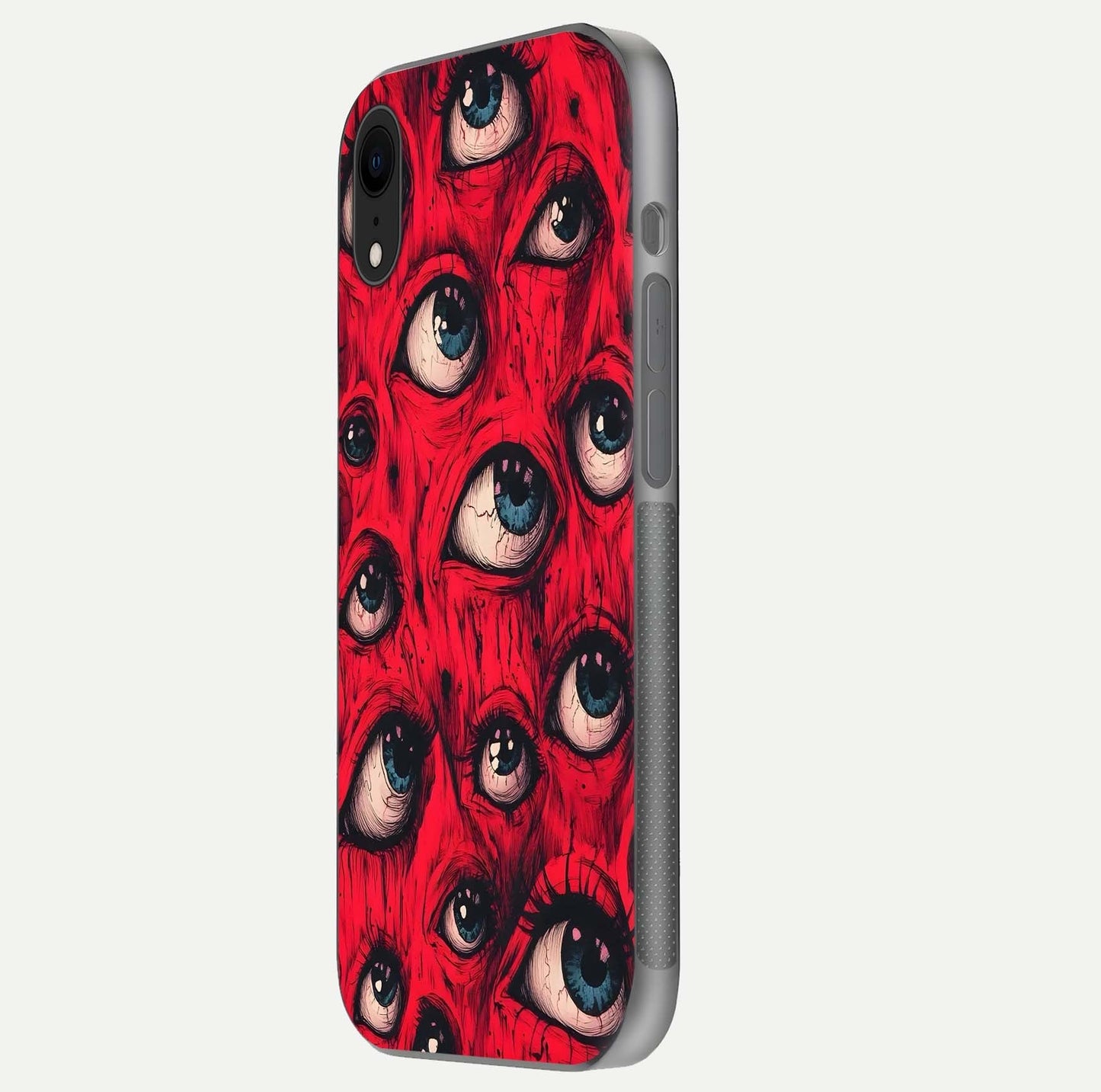 Red Eyes Pattern Glass Case for iPhone Xr side-angle image showing shine, detail, and red tone clarity