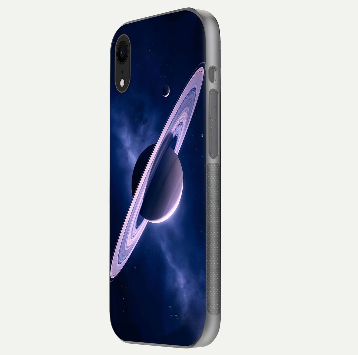 Saturn Ring Mystique Glass Case for iPhone Xr side-angle image showing shine and galaxy ring focus