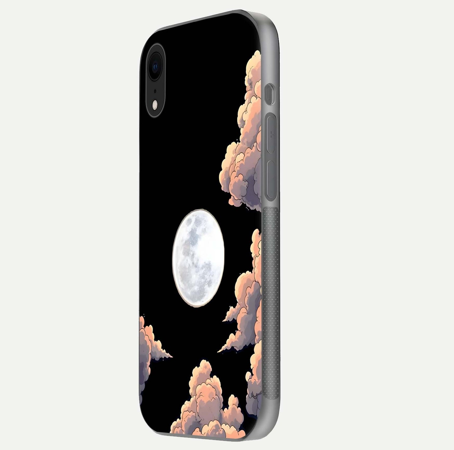 Shade Cloud Moon Glass Case for iPhone Xr side-angle image showing reflection and night-sky detail