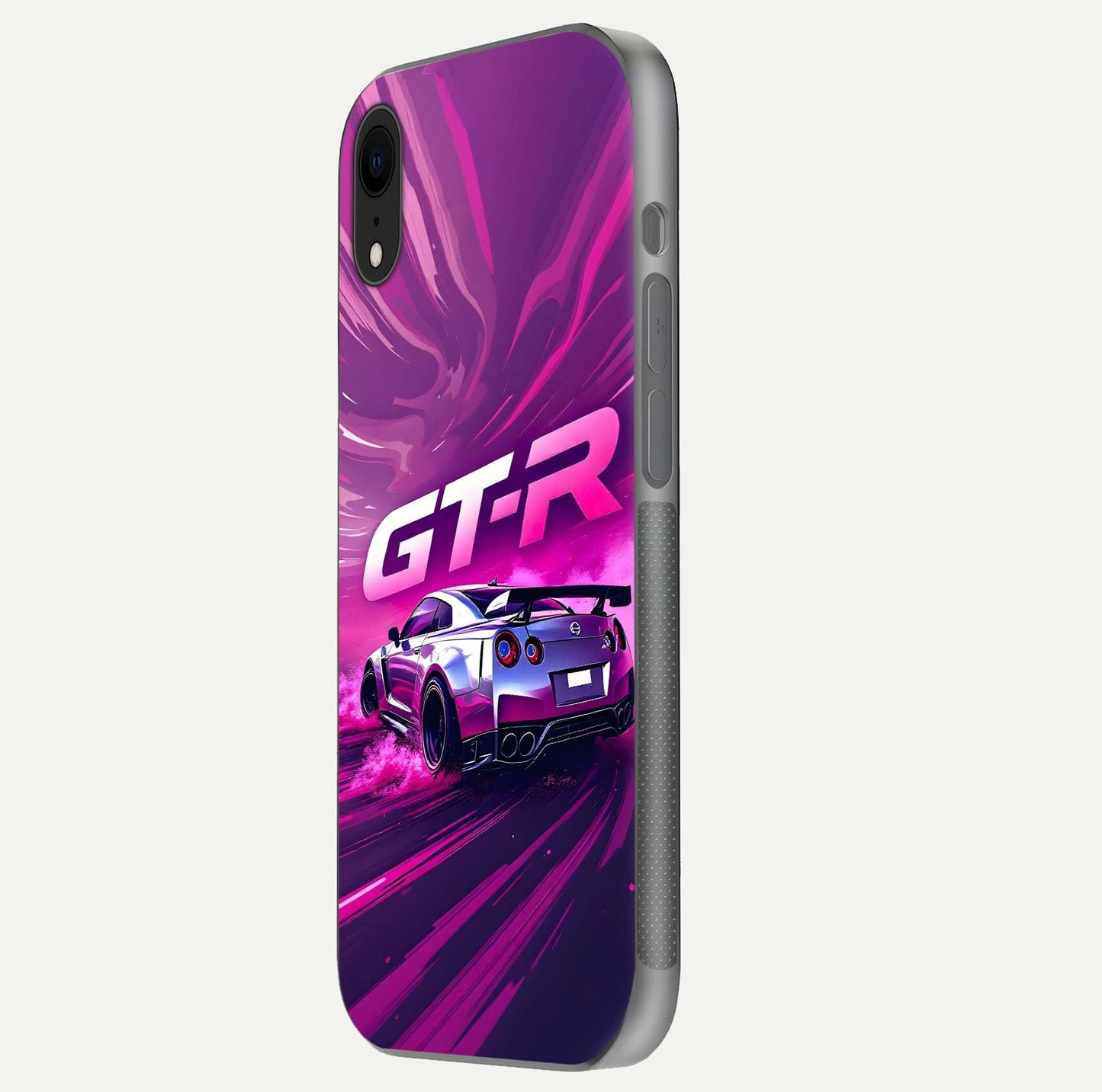 Speed Drift Legend Glass Case for iPhone Xr side-angle image showing car print reflection and surface gloss