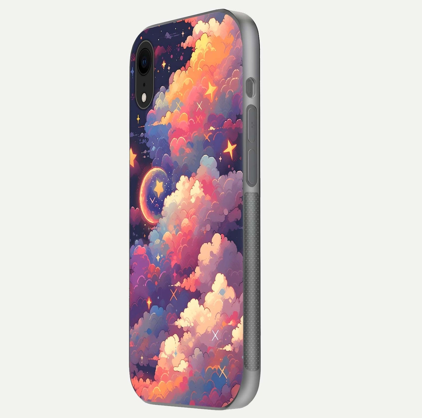 Starlit Dream Clouds Glass Case for iPhone Xr side-angle image showing shine, reflection, and dreamy tones