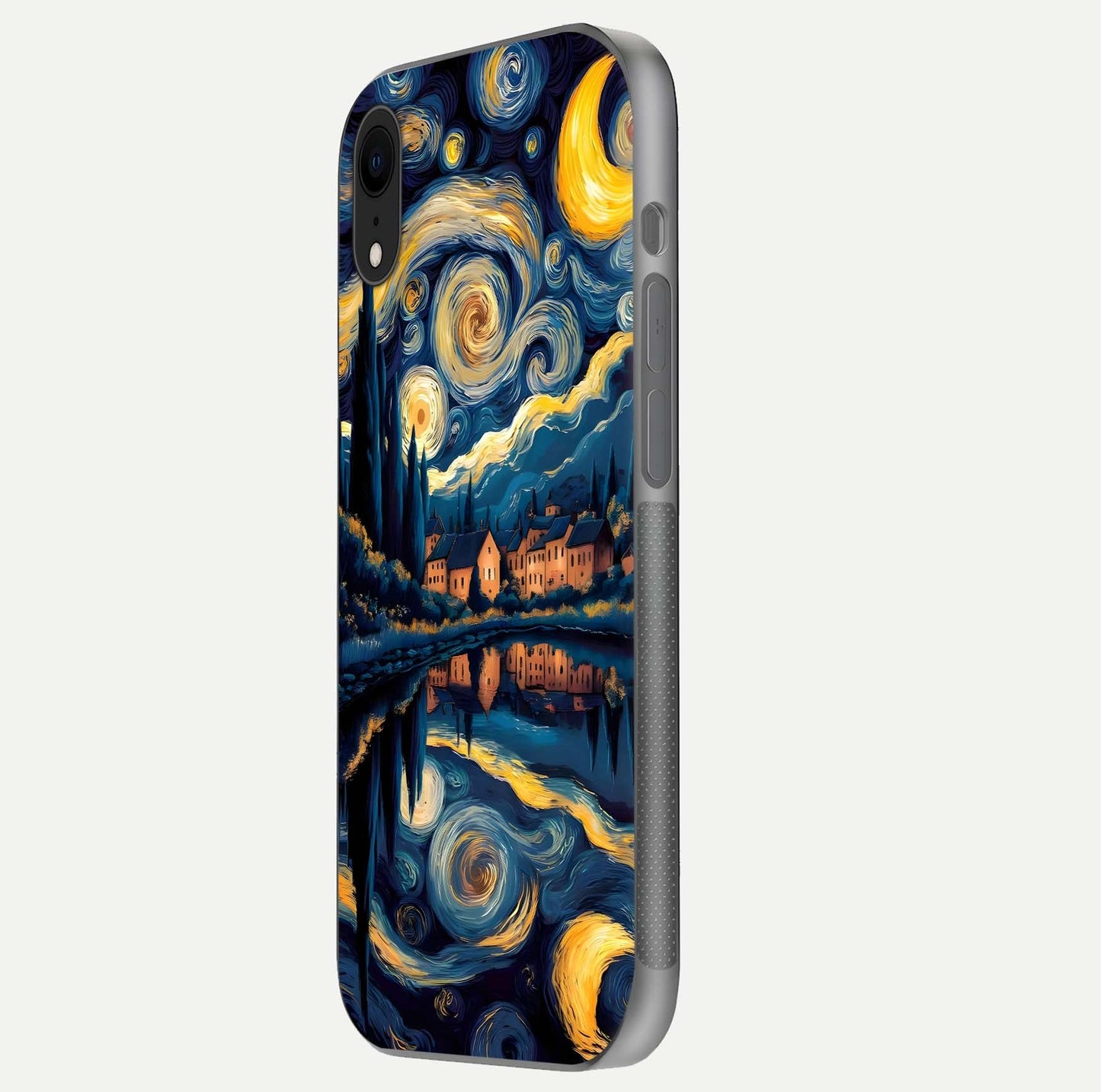 Starry Sky Serenity Glass Case for iPhone Xr side-angle image showing reflection and night-sky detail