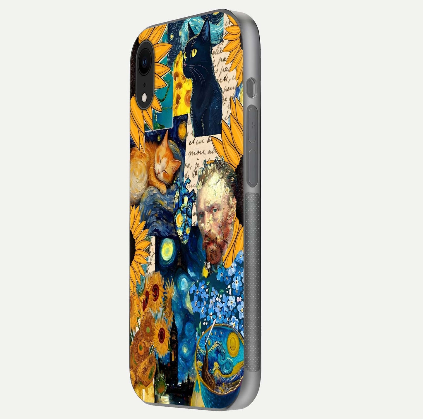 Sunflower Cat Art Glass Case for iPhone Xr side-angle image showing shine, edges, and sunflower texture