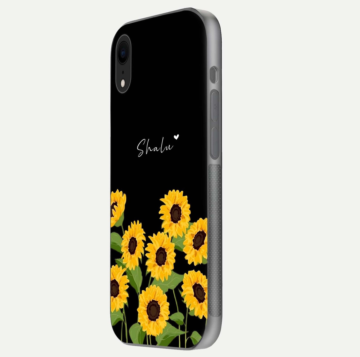 Sunflower Chic Mood Custom Name Glass Case for iPhone 16 Pro side-angle image showing reflection and yellow floral tone