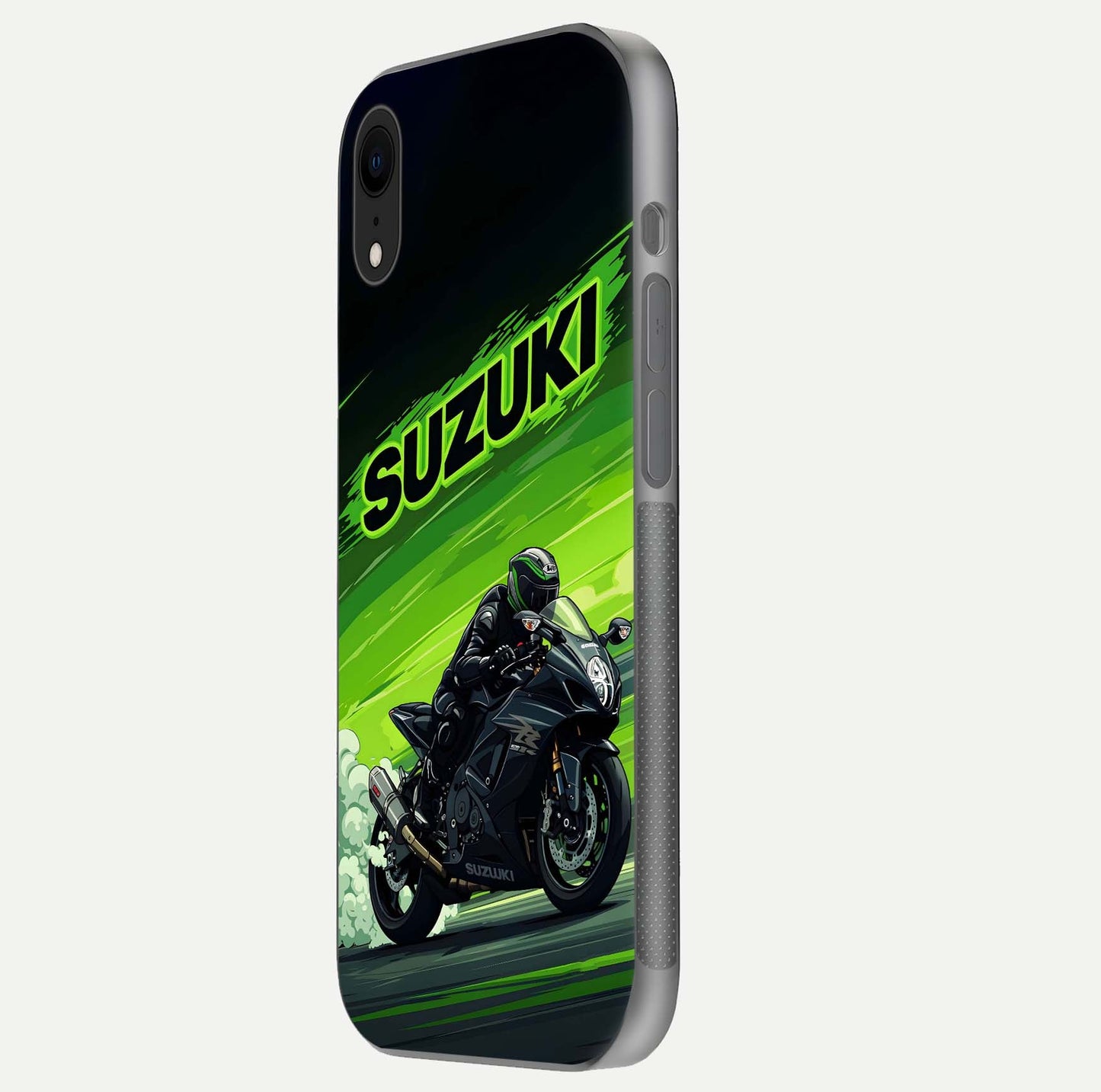 Suzuki Speed Beast Glass Case for iPhone Xr side-angle image showing reflection, gloss, and car detailing