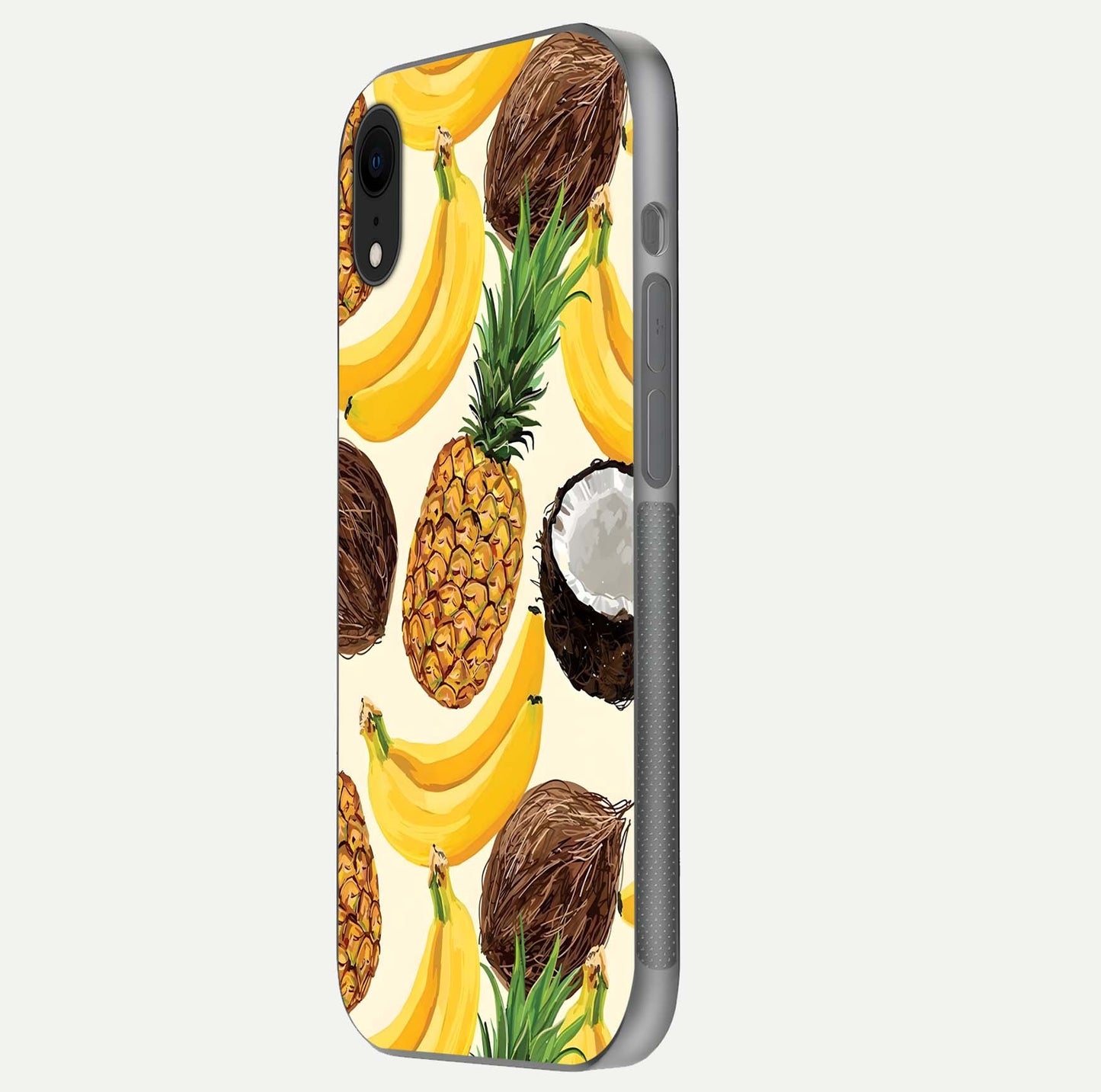 Tropical Fruit Mood Glass Case for iPhone Xr side-angle image showing reflection, gloss, and fruit details