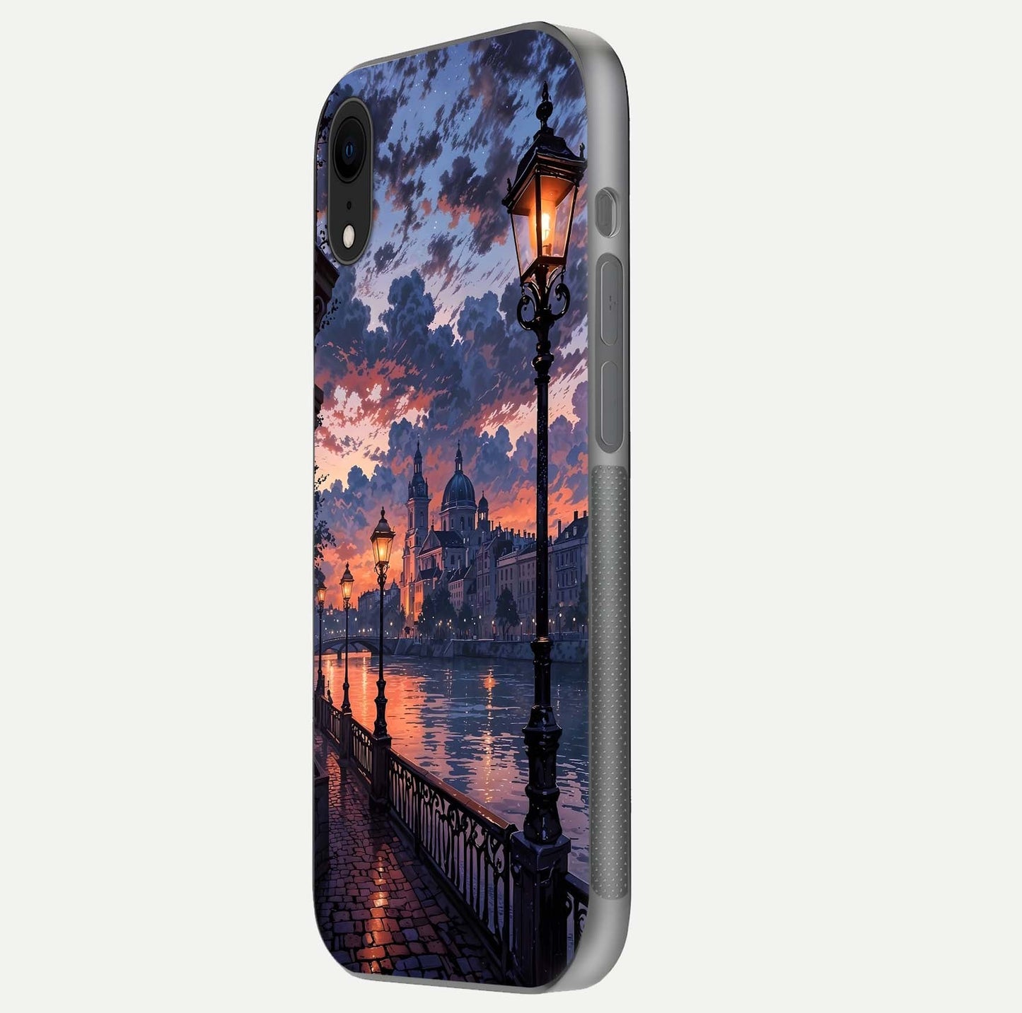 Twilight River Lights Glass Case for iPhone Xr side-angle image showing reflections, lighting, and gradient tones