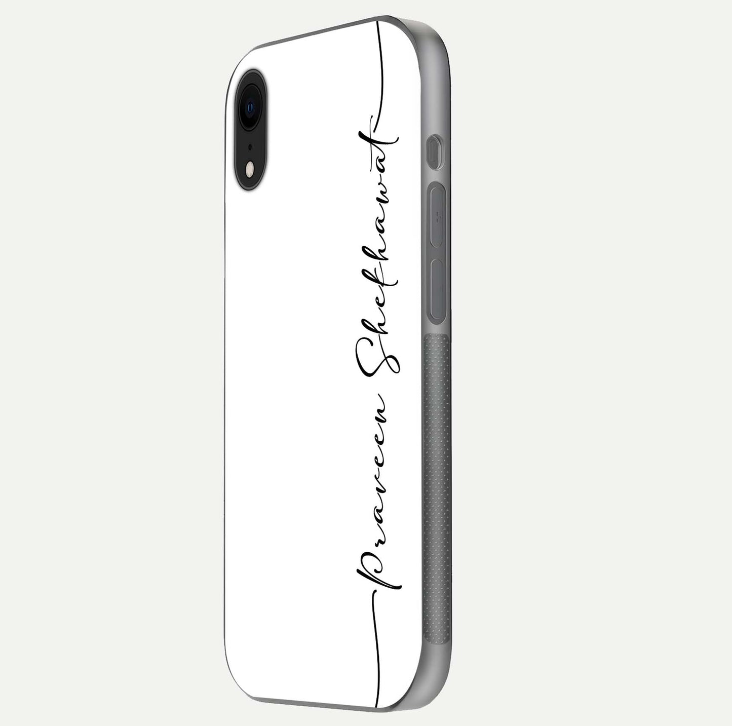 White Tune Custom Name Glass Case for iPhone 16 Pro side-angle image showing shine, gloss, and minimal tone
