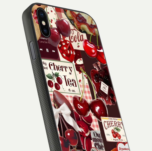 Aesthetic Cherry Tea Glass Case for iPhone Xs close-up angled shot showing detailed cherry artwork, red tones, and gloss reflection