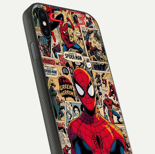 Aesthetic Spider Man Glass Case for iPhone Xs close-up angled shot showing detailed Spider-Man artwork and gloss reflection