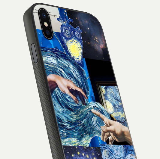 Aesthetic Vando Hands Glass Case for iPhone Xs close-up angle showing fine detailing of hand artwork and glass reflection