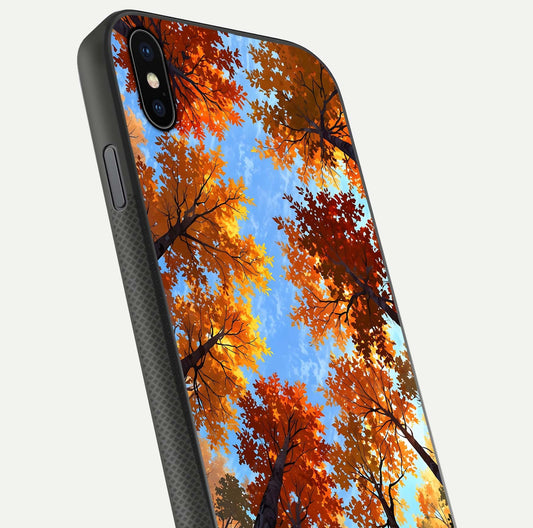 Autumn Sky Rise Glass Case for iPhone Xs close-up shot of autumn tone details and HD shine reflection