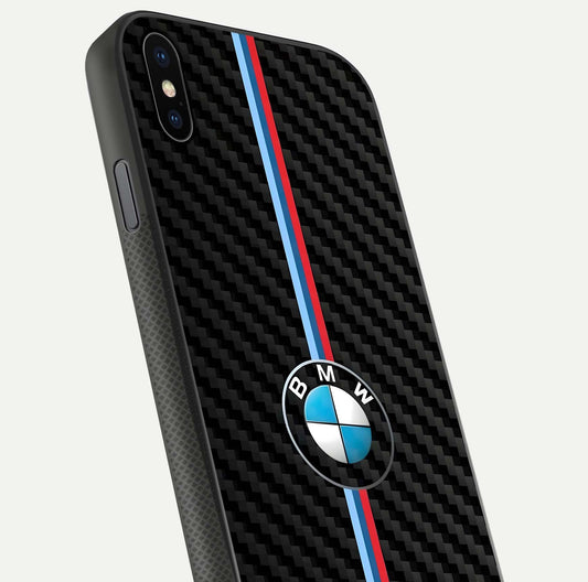 BMW Pattern Glass Case for iPhone Xs close-up angle showing BMW logo detailing and high-reflect gloss texture