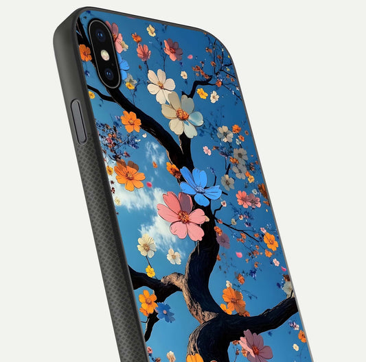 Blossom Dream Sky Glass Case for iPhone Xs close-up shot highlighting dreamlike clouds and pink blossoms