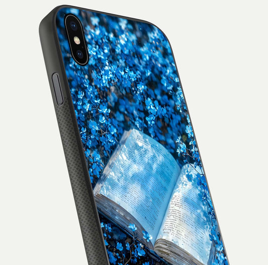 Blue Bloom Tales Glass Case for iPhone Xs close-up angle showing petal texture and blue tone reflection