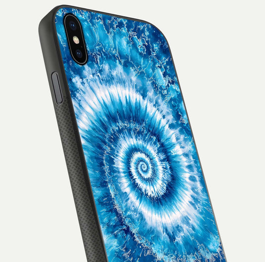 Blue Galaxy Wave Glass Case for iPhone Xs close-up highlighting fluid wave motion and deep-blue reflection