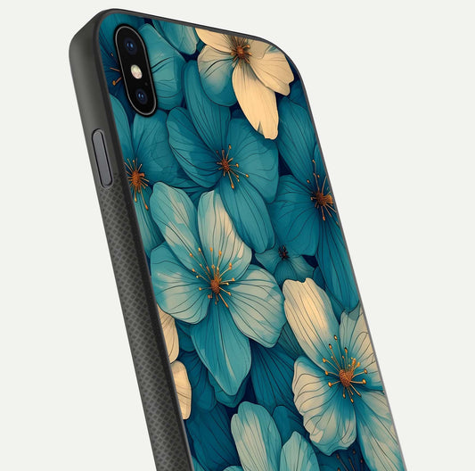 Blue Shade Floral Glass Case for iPhone Xs close-up angle showing flower print precision and reflection