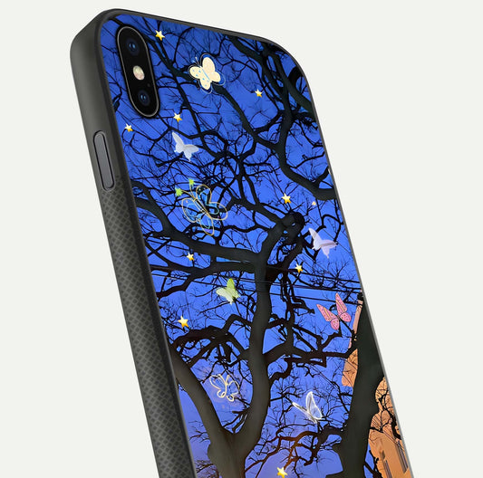 Butterfly Night Magic Glass Case for iPhone Xs close-up highlighting wings reflection and gloss shimmer