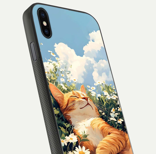 Cat & Flowers View Glass Case for iPhone Xs close-up view highlighting cat expression and petal detail
