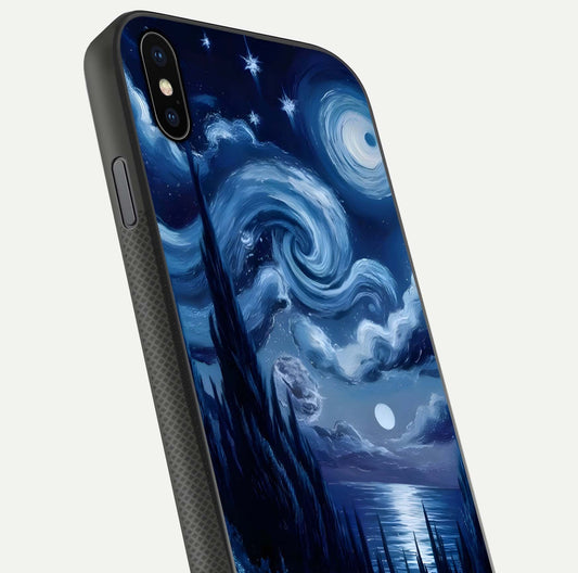 Celestial Dream Van Gogh Glass Case for iPhone Xs close-up view capturing vivid brush details and star reflection