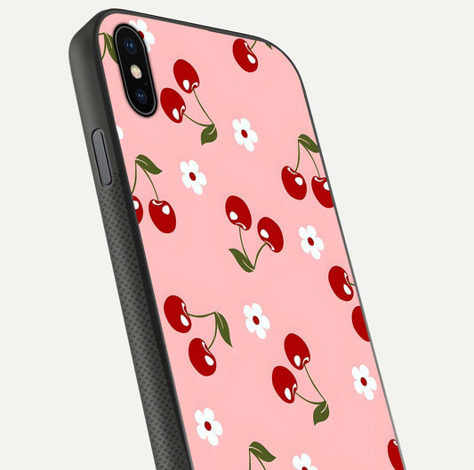 Cherry Love Mood Glass Case for iPhone Xs close-up highlighting cherry heart pattern and reflection shine