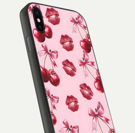 Cherry With Lips Glass Case for iPhone Xs close-up view highlighting lips texture and reflection shine