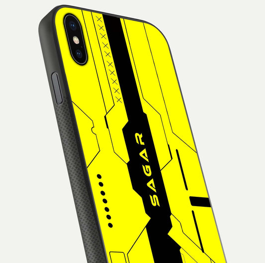 Circuit CYBERPUNK Custom Name Glass Case for iPhone Xs close-up highlighting neon lines, futuristic tones, and gloss reflection