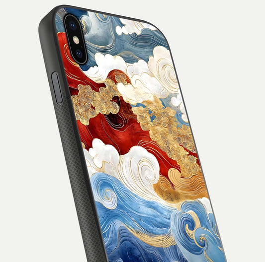 Colored Waves Glass Case for iPhone Xs close-up angled shot highlighting gradient flow and light reflection