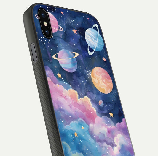 Cosmic Planet Dreams Glass Case for iPhone Xs close-up highlighting planetary details and reflection glow