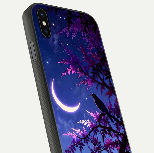 Crow & Moon Scenery Glass Case for iPhone Xs close-up highlighting moon detail, dark tones, and glass reflection