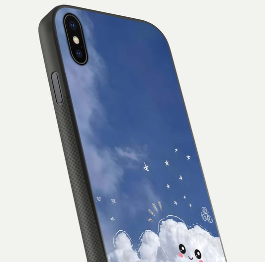 Cute Blossom Cloud Glass Case for iPhone Xs close-up highlighting pink flower tones and reflection glow