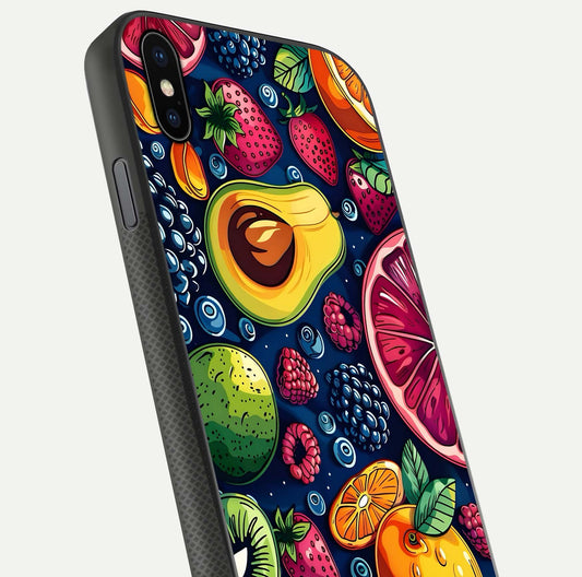 Cute Fruits Art Glass Case for iPhone Xs close-up highlighting fruit shapes, color tones, and reflection polish