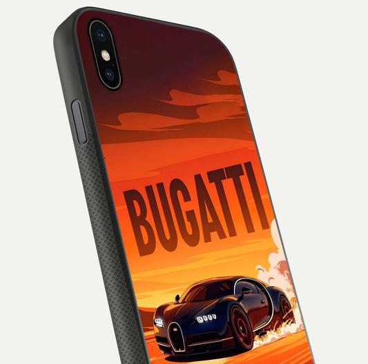 Inferno Bugatti Storm Glass Case for iPhone Xs close-up angled shot showing flame details and reflection shine
